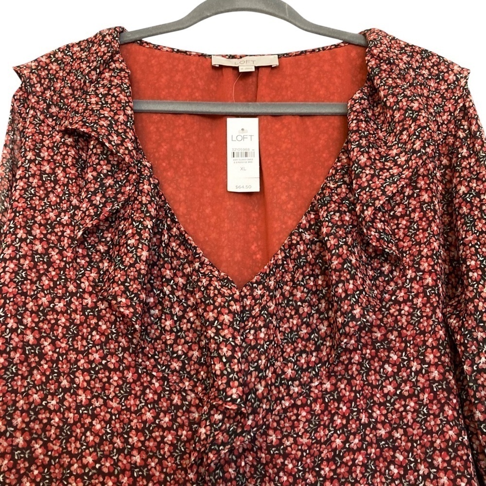 LOFT Ruffle V-Neck Floral Blouse Top in Deep Persimmon NEW - Picture 9 of 12